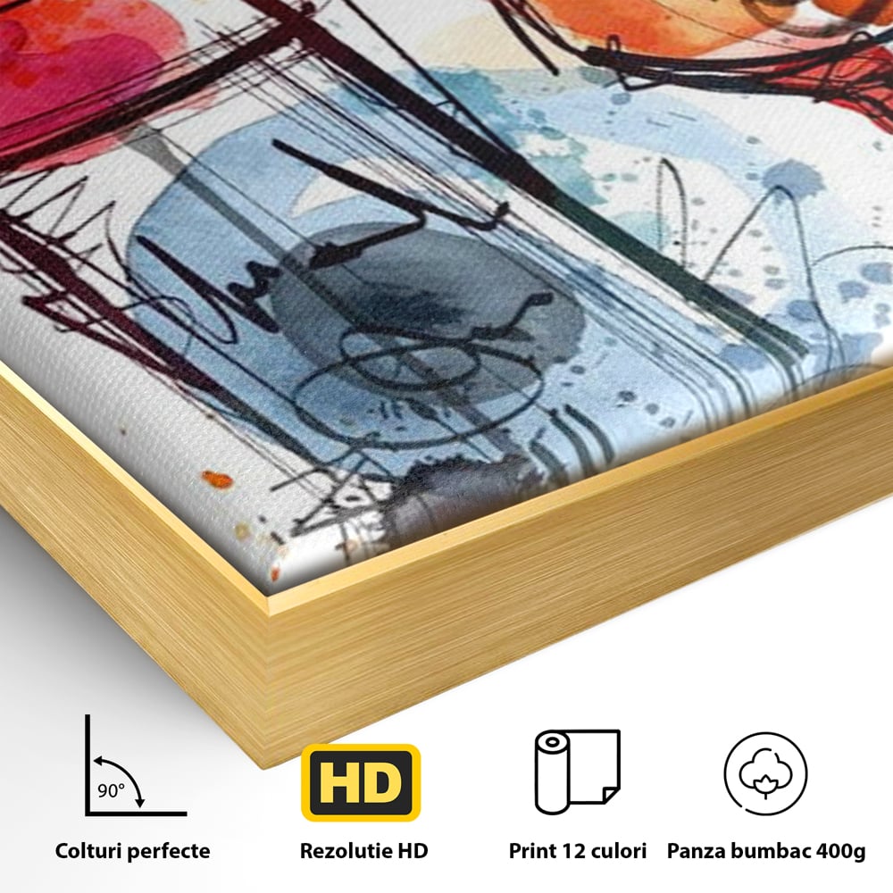 Detaliu al suprafetei: tablou canvas cu sticla si pahar de vin, in rama de aluminiu auriu